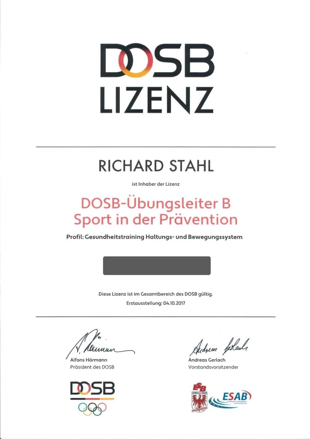 Zertifikat: Prävention: Haltung & Bewegung, DOSB · LSB Brandenburg / ESAB
