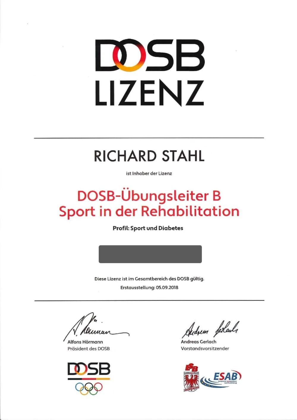 Zertifikat: Rehabilitation: Diabetes, DOSB · LSB Brandenburg / ESAB
