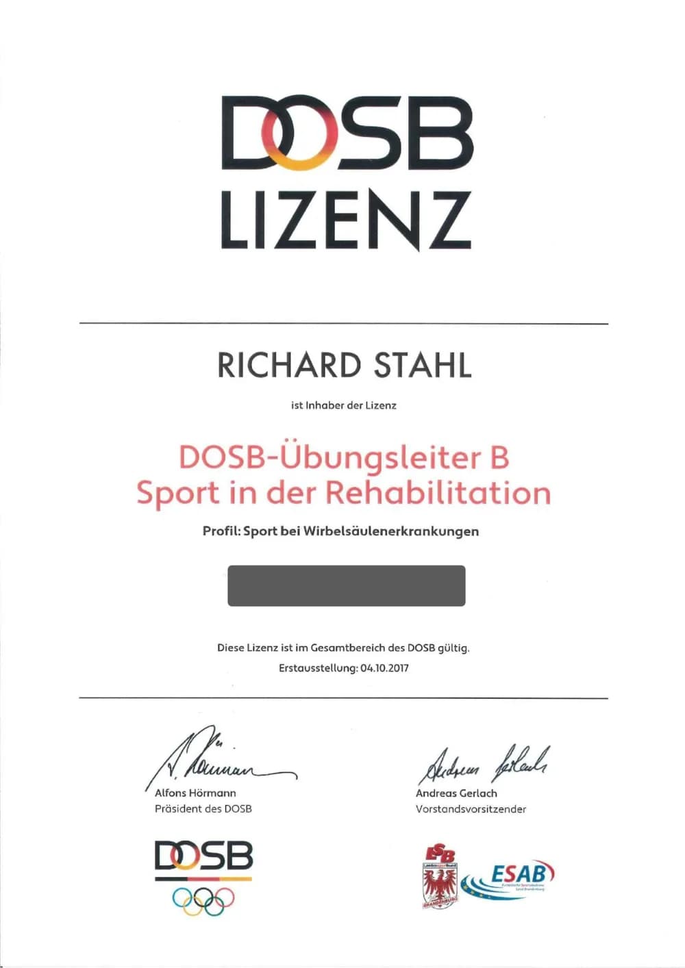 Zertifikat: Rehabilitation: Wirbelsäule, DOSB · LSB Brandenburg / ESAB