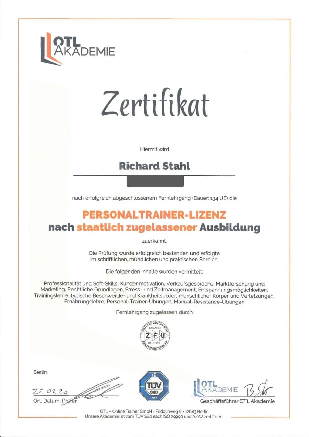 Zertifikat: Personaltrainer-Lizenz, OTL Akademie Berlin